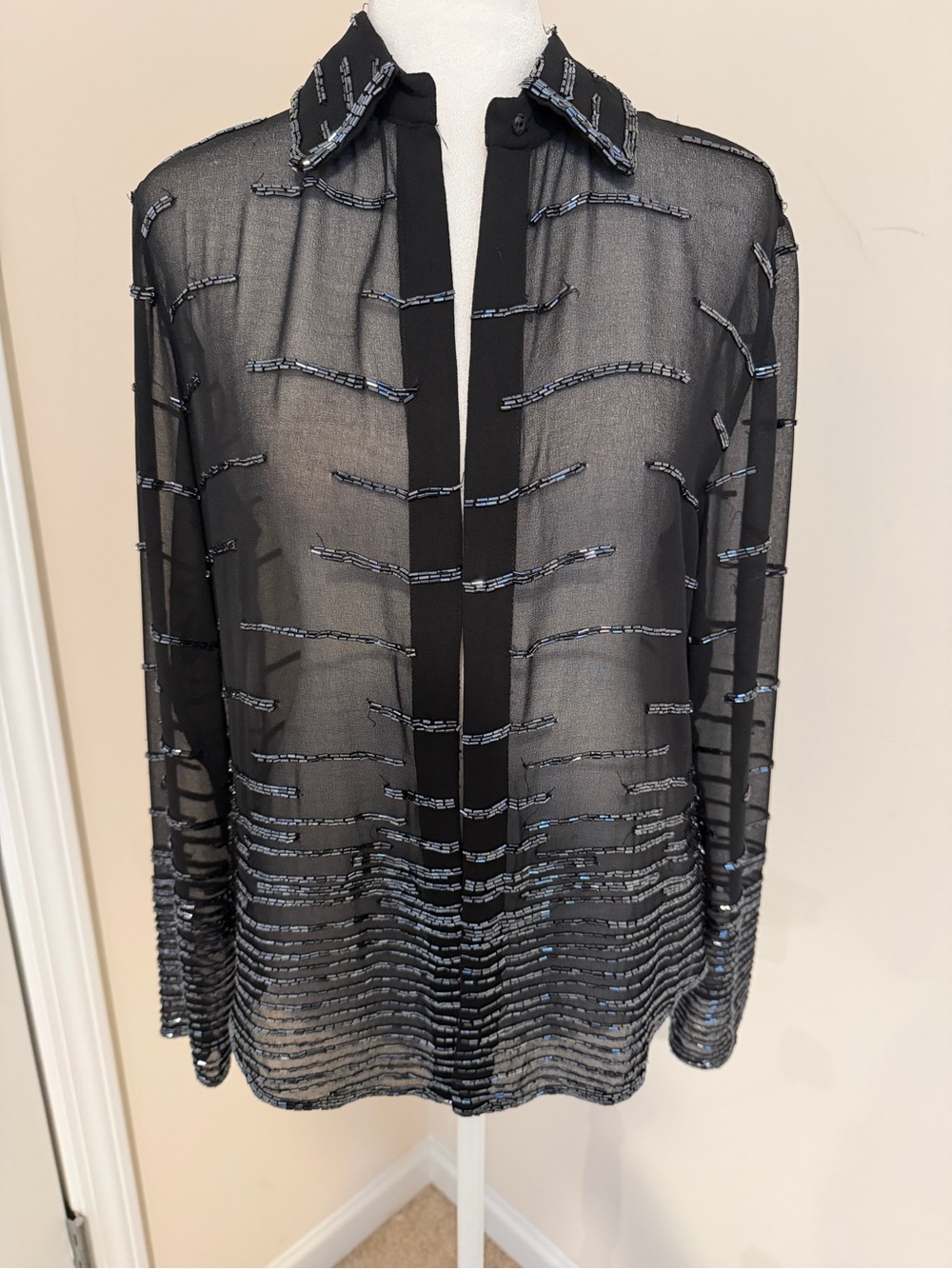 Vintage Black Sheer Sequin-Trim Swim Coverup Shirt